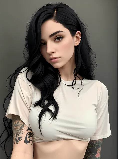 A closeup of a beautiful woman with a tattoo on her arm, menina atraente, Foto de perfil do headshot, cabelo e maquiagem escuros...