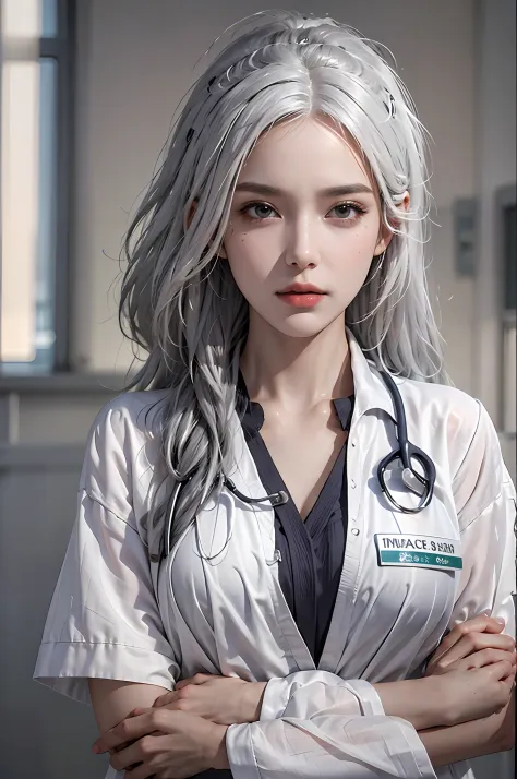 photorealistic, high resolution, 1 women, solo, hips up, look at viewer, (detailed face), white hair, Long Hair, doctor outfit, ...