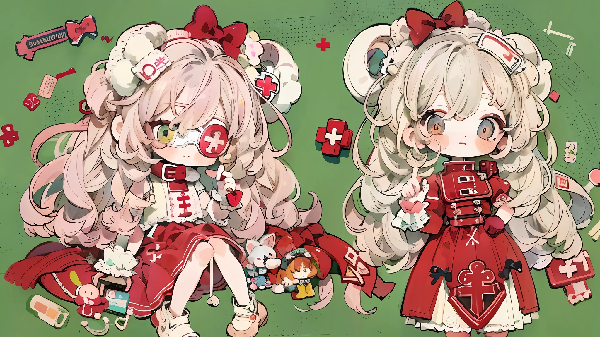 Character design，Q version，tchibi，Cute，The ratio of the head to the body，clothing design，Lolita prostitute，Gorgeous dress，mitts，curlies，very intricate，Exquisite，shift dresses，Bow knot，frilld，ribbon，bandagens，Nurse style，Huge syringe，pill，Red Cross，y2k，egirl，Unilateral eye patch，Love decoration，subculture，Sick，bloods