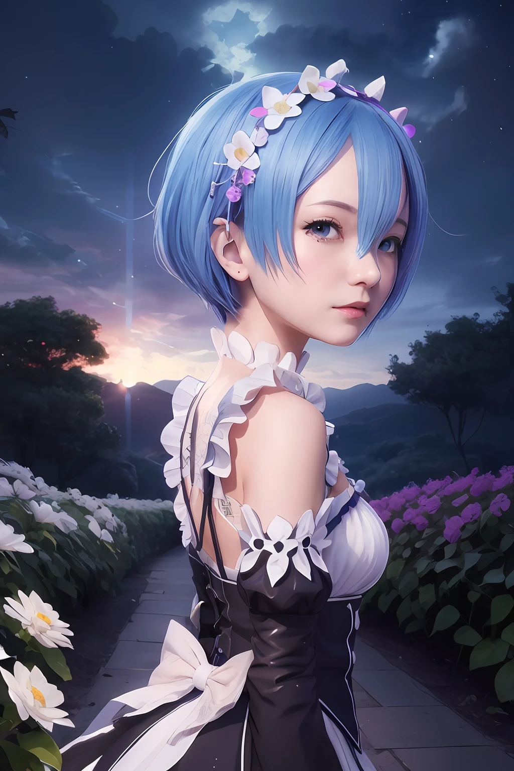 anime girl with blue hair and white dress in a garden, rem rezero, anime art wallpaper 8 k, anime art wallpaper 4k, anime art wallpaper 4 k, anime style 4 k, 4k anime wallpaper, anime wallpaper 4 k, anime wallpaper 4k, short blue haired woman, beautiful anime portrait, detailed digital anime art, beautiful anime girl, nightcore,realistic ,ultra detail