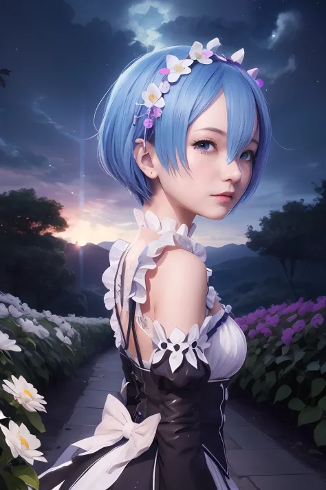 anime girl with blue hair and white dress in a garden, rem rezero, anime art wallpaper 8 k, anime art wallpaper 4k, anime art wa...