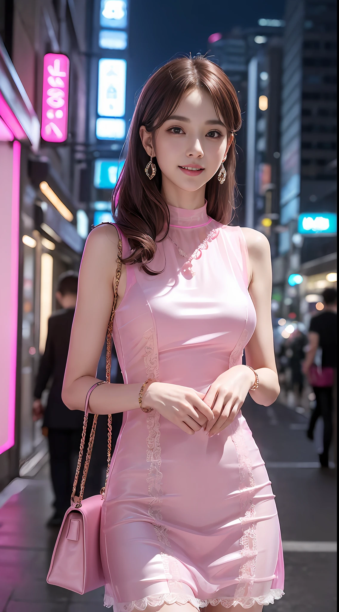 8k, masterpiece, RAW photo, best quality, photorealistic, extremely detailed CG unity 8k wallpaper, Depth of field, Cinematic Light, Lens Flare, Ray tracing, (extremely beautiful face, beautiful lips, beautiful eyes), intricate detail face, ((ultra detailed skin)) 1girl, in the dark, deep shadow, pretty korean girl, kpop idol,(very slim slender fit-muscled body:1.3), ((looking at viewer)),(big smile:1.3), (tight midi dress), (shot sleeve) , (fashion city night, dark night, (neon sign), (big building), fashion street night),(no people), (without people in the background:1.3), pretty korean girl, white diamond earrings, dia bracelets, dia necklace, pantyhose, clear eyes, walking , front shot, (pale skin), face forward, (big eyes), ((upper body shot)), ((silk Laced)), ((hotpink color dress:1.3)), (brown hairs) (looking at viewer:1.3), (see through), (laced underwears), open breast, very slim, long legs, medium breasts, (Nipple Protrusion:1.2), 24 years old, slender fit-muscled body, ((carrying a hermes bag))
