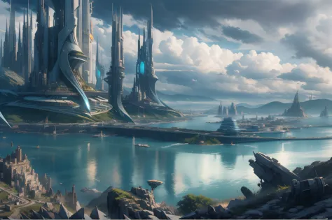 A highly detailed shot of futuristic alien city in alien planet, with a sharp focus, skies, clouds, surrounded by the sea, cinematic, poster