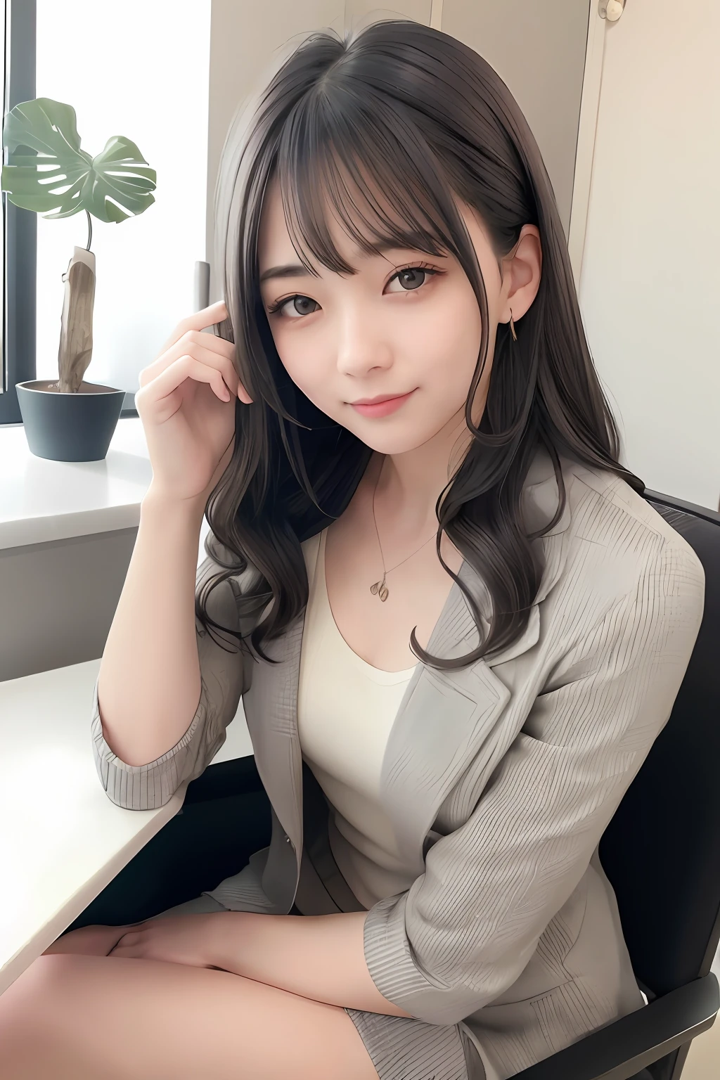 Gray suit、Little Gal、Clear skin、long、Sexy face、Small pendant、perfectly proportions、inside in room、a gorgeous、s lips、A dark-haired、ciinematic light、High Definition 8K、Real Estate Girls、23-year-old woman、adult-like、A dark-haired、Curly hair、natural、Realism、grain、Calm smile、sit a chair、Selfie、a plant、Black eyes