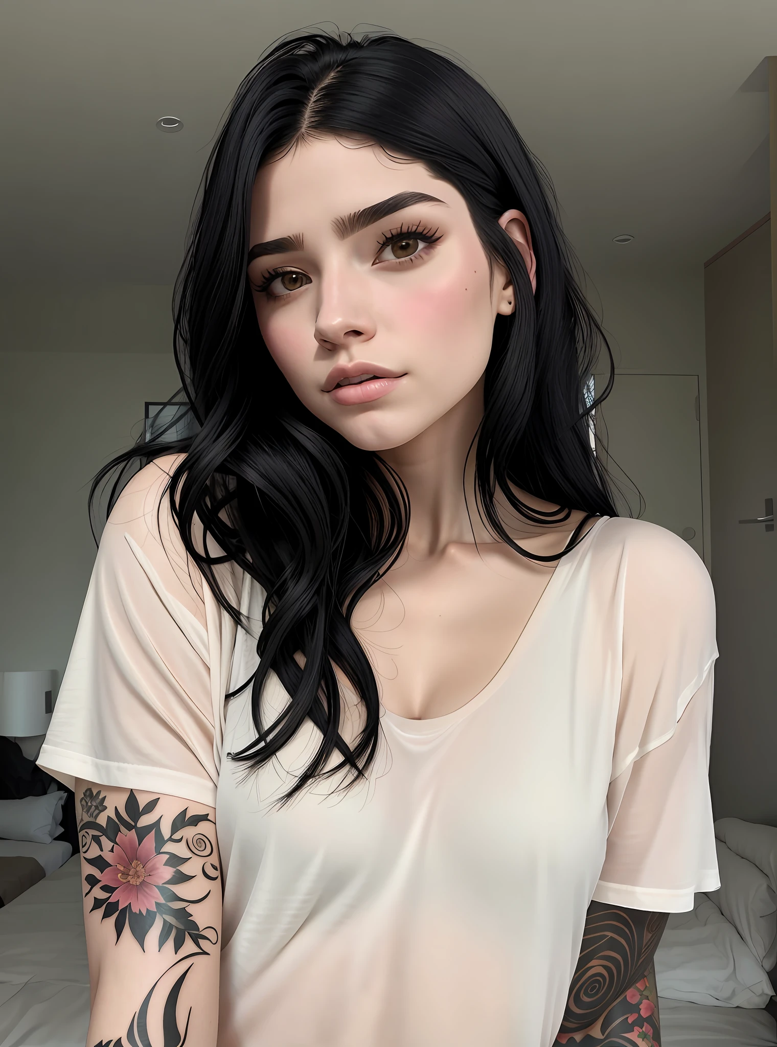 A closeup of a beautiful woman with a tattoo on her arm, menina atraente, Foto de perfil do headshot, cabelo e maquiagem escuros, cabelo escuro maravilhoso, with pale skin, pale glowing skin, She has black hair, messy black hair, pale fair skin!!, menina com cabelo preto, Kaitlyn Michelle Siragusa, cabelo preto rosto bonito, pale skin!, cabelos escuros