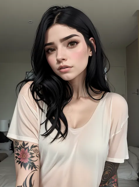 A closeup of a beautiful woman with a tattoo on her arm, menina atraente, Foto de perfil do headshot, cabelo e maquiagem escuros...