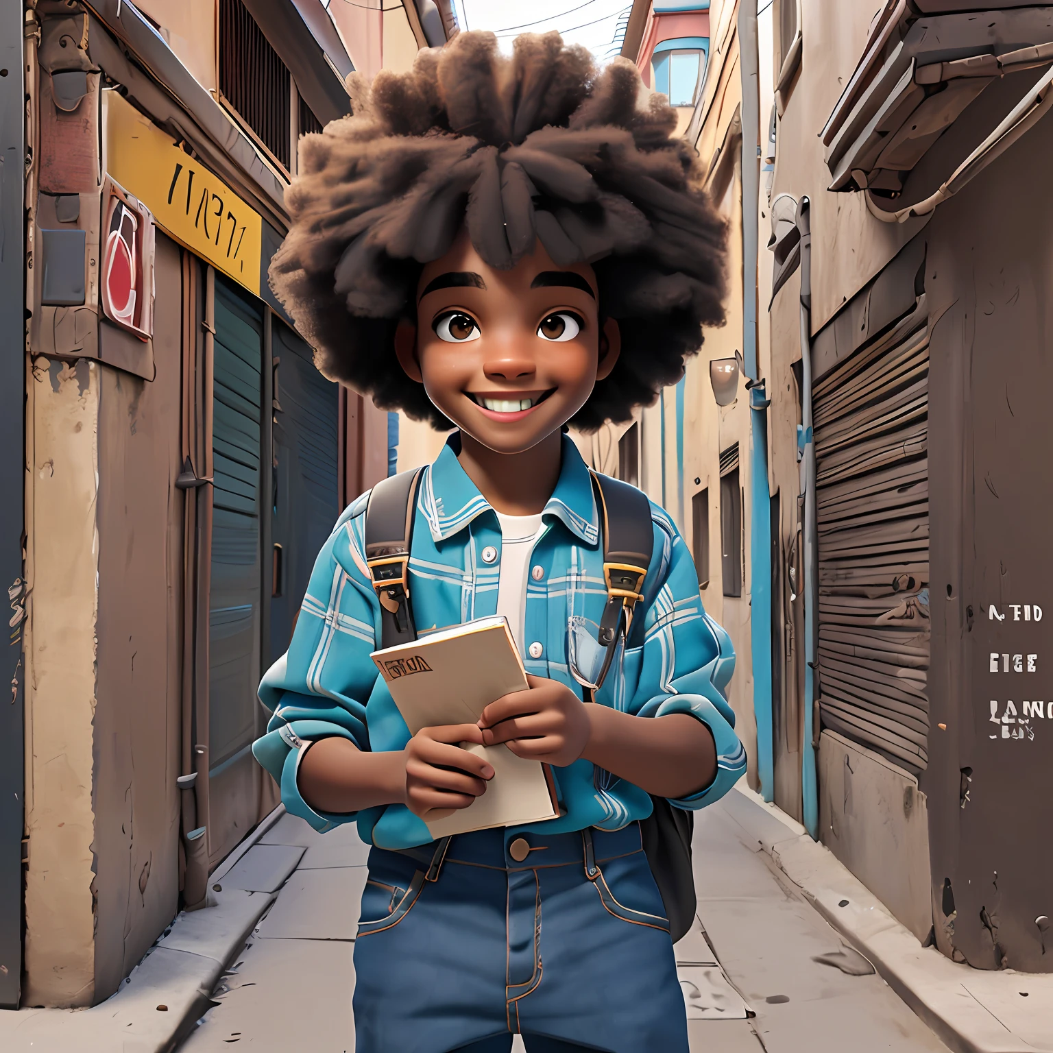  negra, adolescente, olho castanho, sorriso claro, flor, ao ar livre, Tom cinza Claro, portanto, estilo afro, corpo inteiro, The background is filled with an urban tone of the city, evoking a sense of lightness and happiness.