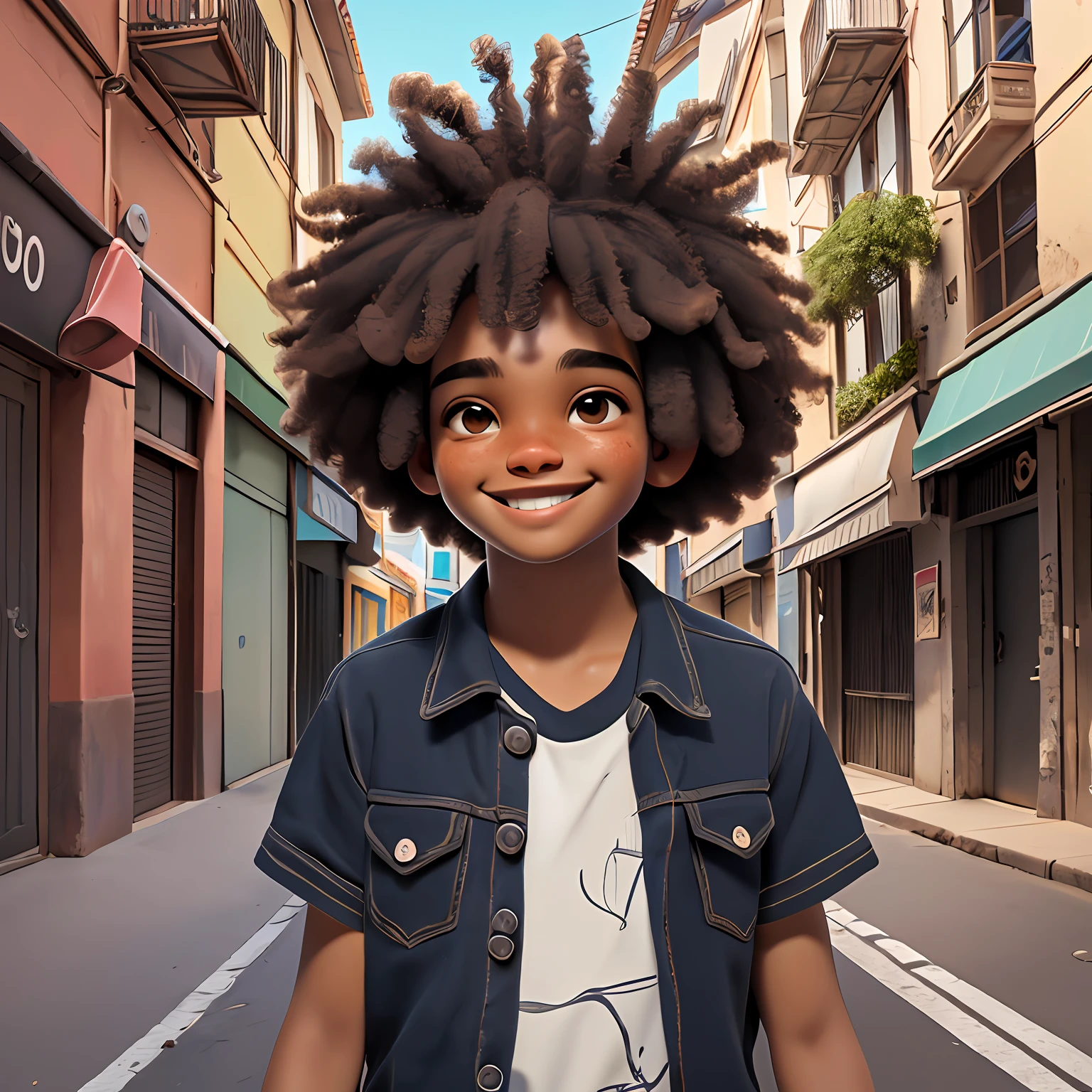  negra, adolescente, olho castanho, sorriso claro, flor, ao ar livre, Tom cinza Claro, portanto, estilo afro, corpo inteiro, The background is filled with an urban tone of the city, evoking a sense of lightness and happiness.