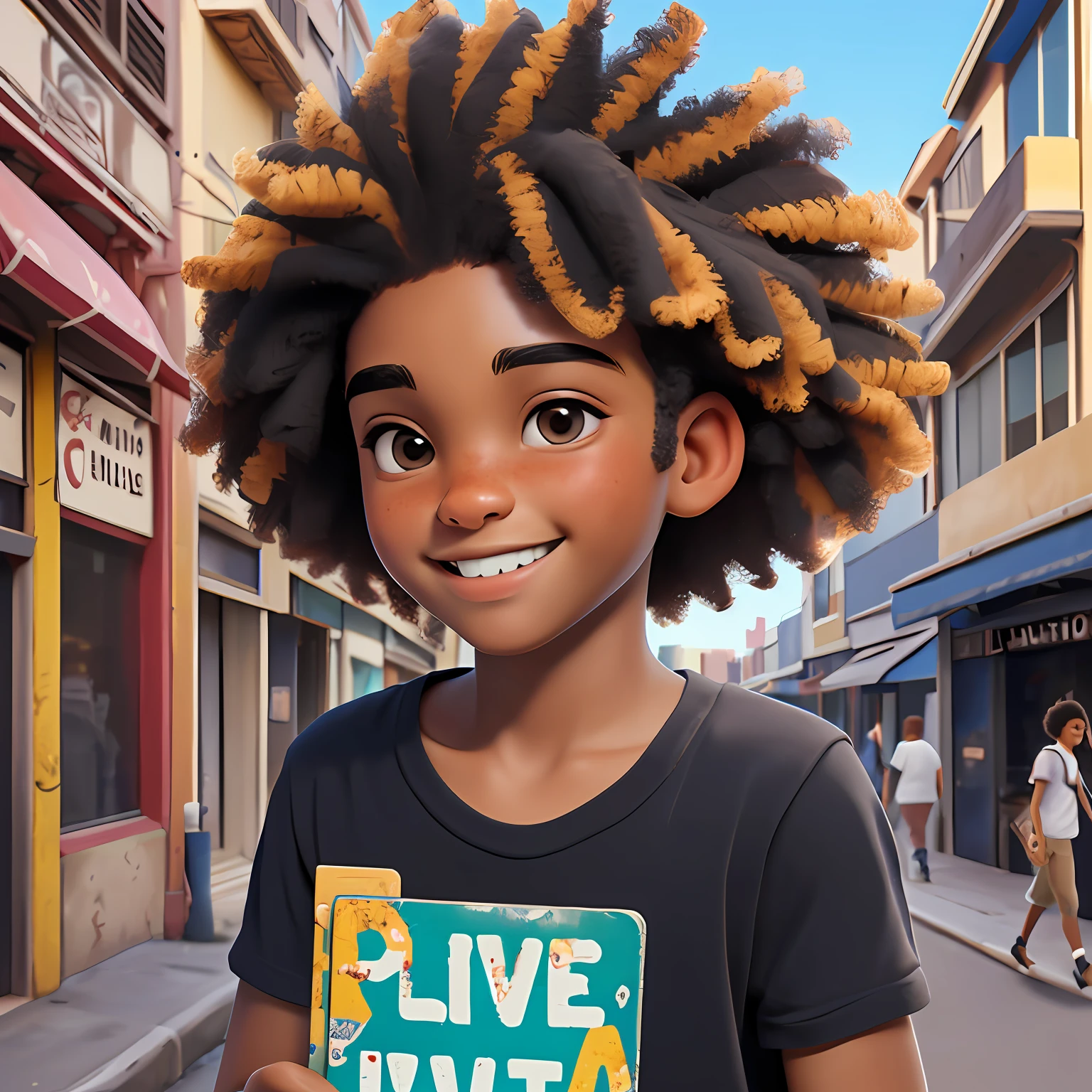 menino negra, adolescente, olho castanho, sorriso claro, flor, ao ar livre, Tom cinza Claro, portanto, estilo afro, corpo inteiro, The background is filled with an urban tone of the city, evoking a sense of lightness and happiness.