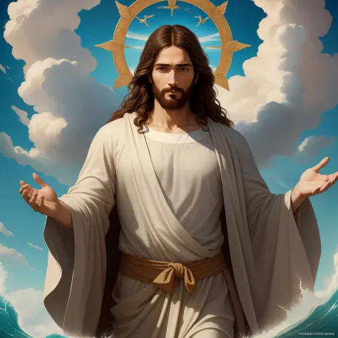 A beautiful ultra-thin realistic portrait of Jesus, the prophet, a man 35 years old Hebrew brunette, short brown hair, real perfect eyes, long brown beard, with, Helping People , wearing long linen tunic closed on the chest part, in front view masterpiece,...