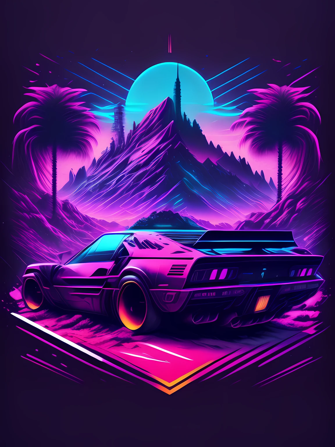 "voiture, ambiance cyberpunk, conception de t-shirt stylisé, milieu du voyage, dynamique vecteur"