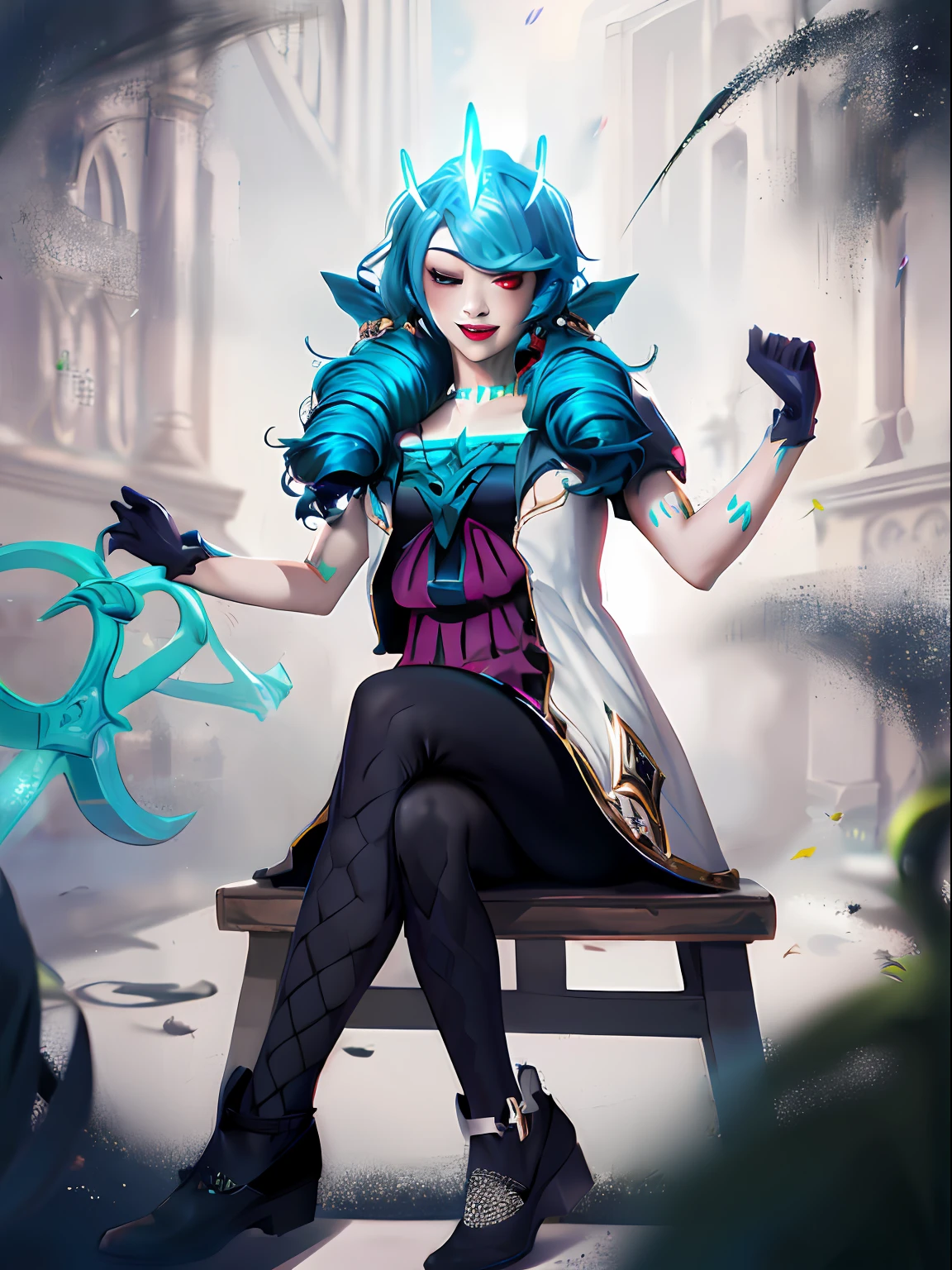 League of Legends Gwen, Wearing Viego''s crown, Viego's crown, Green Viego crown, Viego crown, 3 spiked Viego crown, 3 spiked glowing crown, glowing Viego crown, Viego headpieace, SFW, winking, one eye closed, Gwen's dress, Gwen's outfit, Gwen's hair, Gwen's gloves, Gwen's shoes, Gwen's leggings, Blue hair, mouth closed, closed mouth smile, looking at viewer, 8k, official art, masterpiece, ultrasharp, blush, red blush, sitting down, legs crossed, crossed legs, right leg over left leg, full body