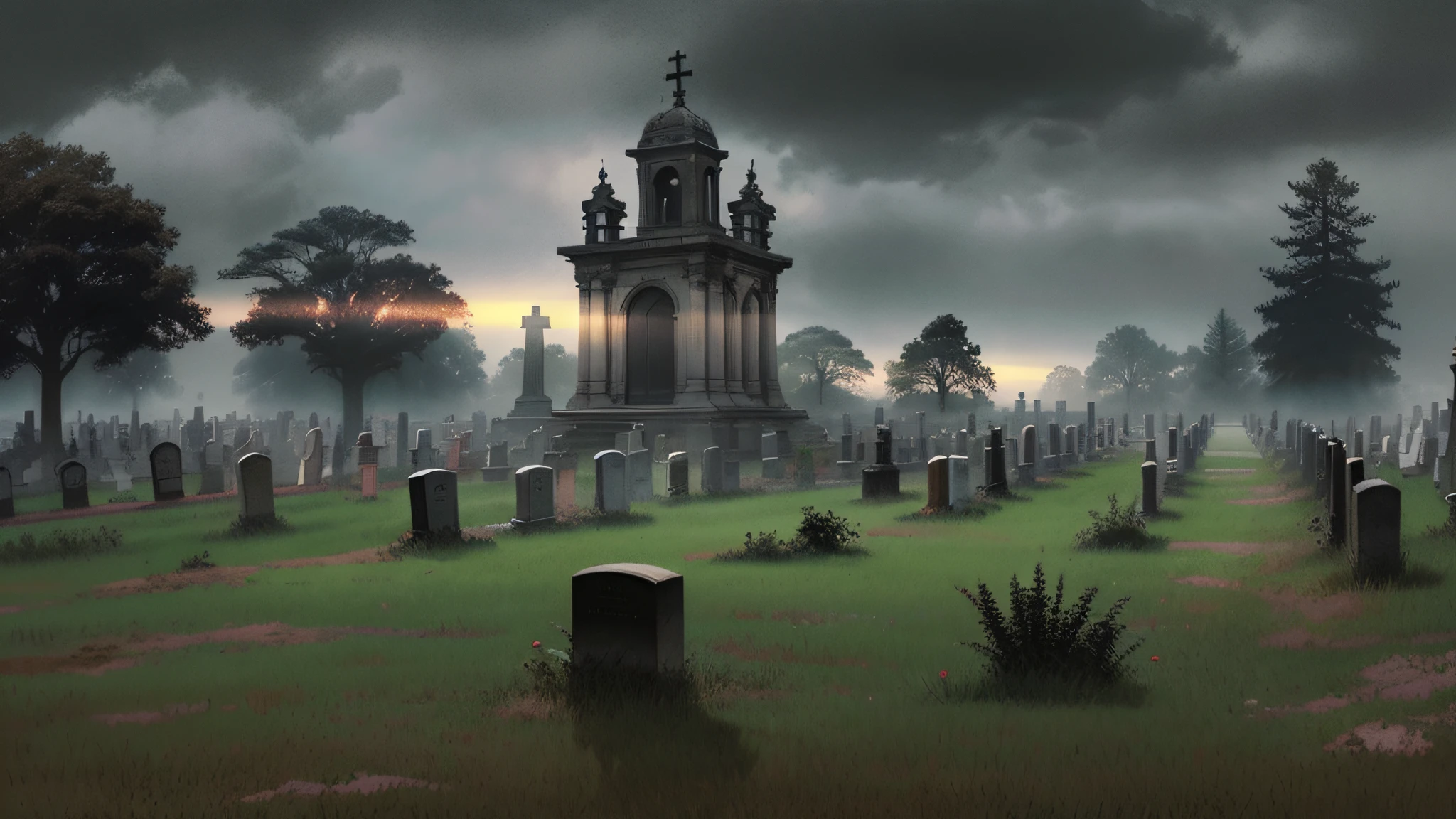 a gloomy cemetery with fog by craig mullins, consumed by time and neglect,  the atmosphere is heavy with a sense of sorrow and impending doom, concept art, artstation, trending on instagram, 8 k, ultra detailed, award winning, , beams of light, night, (intricate details), (hyperdetailed), 8k hdr