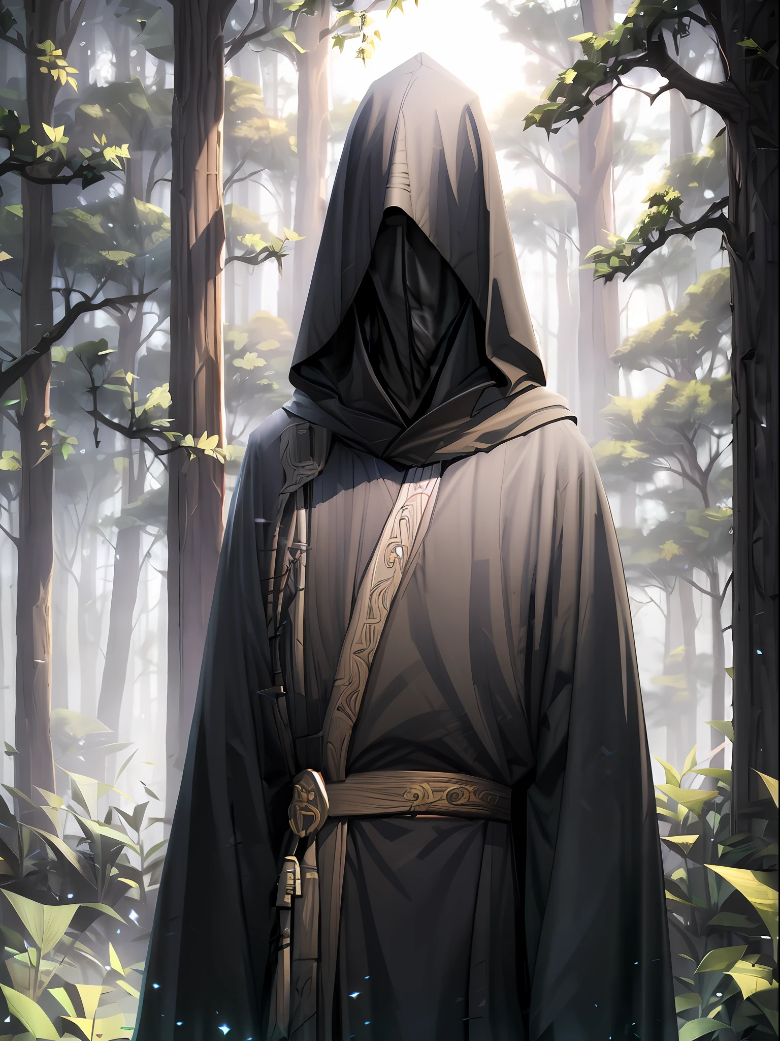 Mann mit Kapuze und Kapuze in einem Wald, getarnt, dark getarnt figure, Porträt eines Waldmagiers, dunkles Gespenst mit Kapuze, dark getarnt necromancer, dark bekleidet, dark robe, hooded getarnt sith lord, trägt eine dunkle Robe, schwarzer Mantel im Schatten verborgen, Einen fließenden Umhang tragen, bekleidet, Dunkles, fließendes Gewand