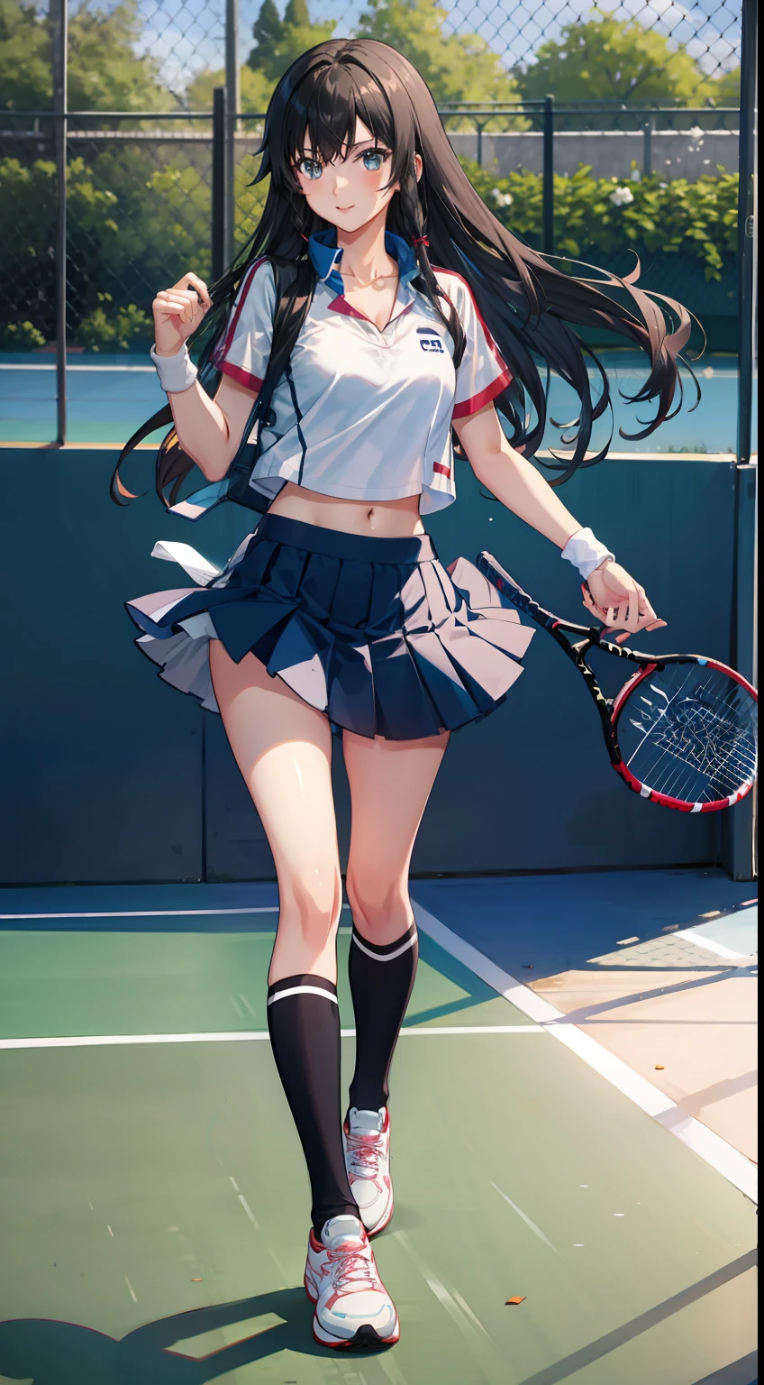 yukino yukinoshita, 긴 머리, 분열, 배꼽, 날씬한 다리, 흑발, 파란 눈,  짧은 치마, 허벅지 높은 양말, 비탄, 행복하다, 테니스 선수 유니폼, 공원, 전신