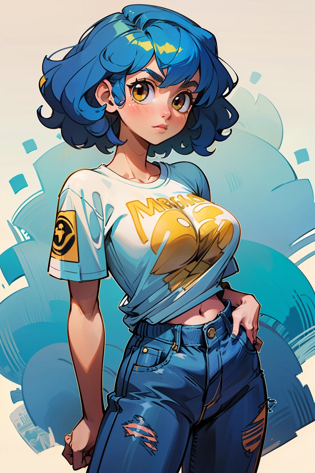 (1 girl), (solo), white t-shirt, yellow jacket, short blue hair, wavy blue hair, brown eyes, strong build, athletic body, big , jeans, (high quality), (hd), (very detailed) ), curly hair, broad shoulders, all white shirt, ((T-shirt without print)), wide waist, slightly chubby