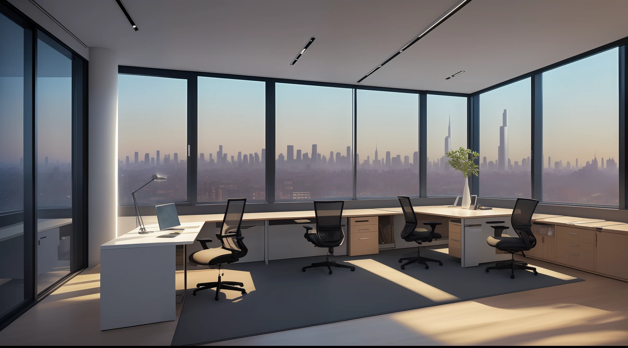 ((In the style of Charles E. Burchfield)), photorealistic, sophisticated, minimalistic, contemporary, professional, virtual office, sleek design, serene lighting, vibrant colors, high resolution, city landscape