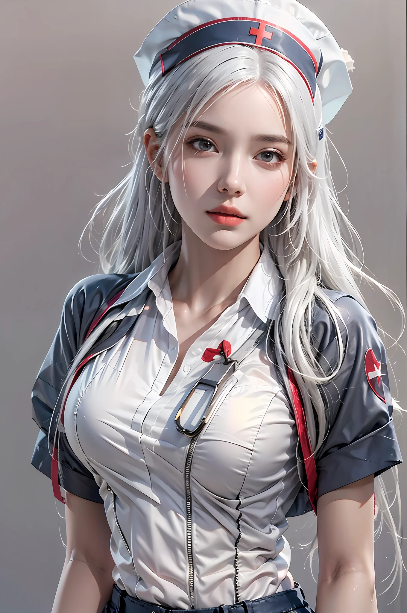 photorealistic, high resolution, 1 women, solo, hips up, look at viewer, (detailed face), white hair, Long Hair, nurse outfit