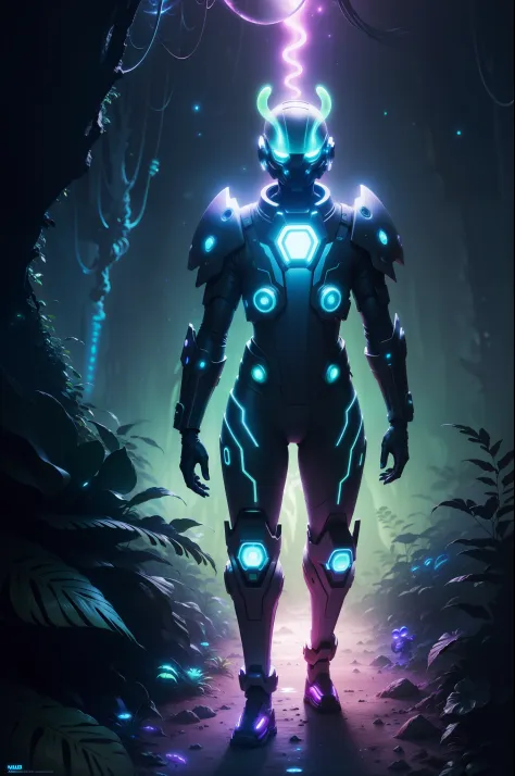 A futuristic space predador walking through a dark enchanted jungle on an unknown planet at night, (extremely colorful:1.3), (psychedelic:1.2), (realistic), (Bioluminescence:1.3), highly detailed, hyper realistic, perfect artwork, masterpiece, best quality...