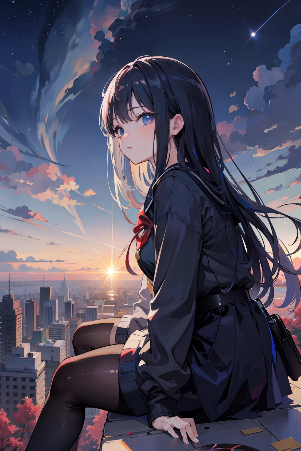 anime girl sitting on a ledge looking at the sky, watching the sun set. anime, 4k anime wallpaper, anime style 4 k, anime wallpaper 4 k, anime wallpaper 4k, anime art wallpaper 8 k, anime art wallpaper 4k, anime art wallpaper 4 k, 4 k manga wallpaper, anime girl desktop background, beautiful anime girl, beautiful anime high school girl