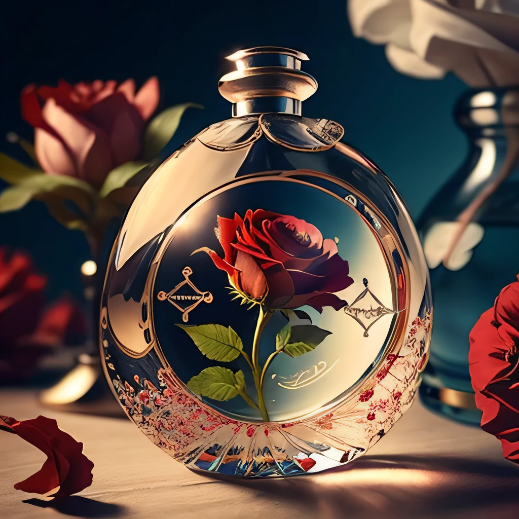 una flor roja dentro de un frasco de perfume, estilo de logotipo