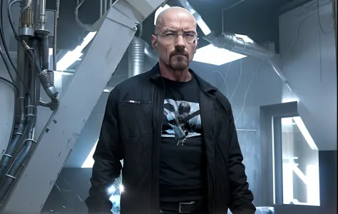 Walter White (Bryan)arafed man in a black jacket standing in a room with a wall, schwarzenegger, arnold schwarzenegger, still from the movie terminator, terminator t 8 0 0, t - 8 0 0, t-800, terminator artifacts, terminator, intense look, arnold 3, arnold,...