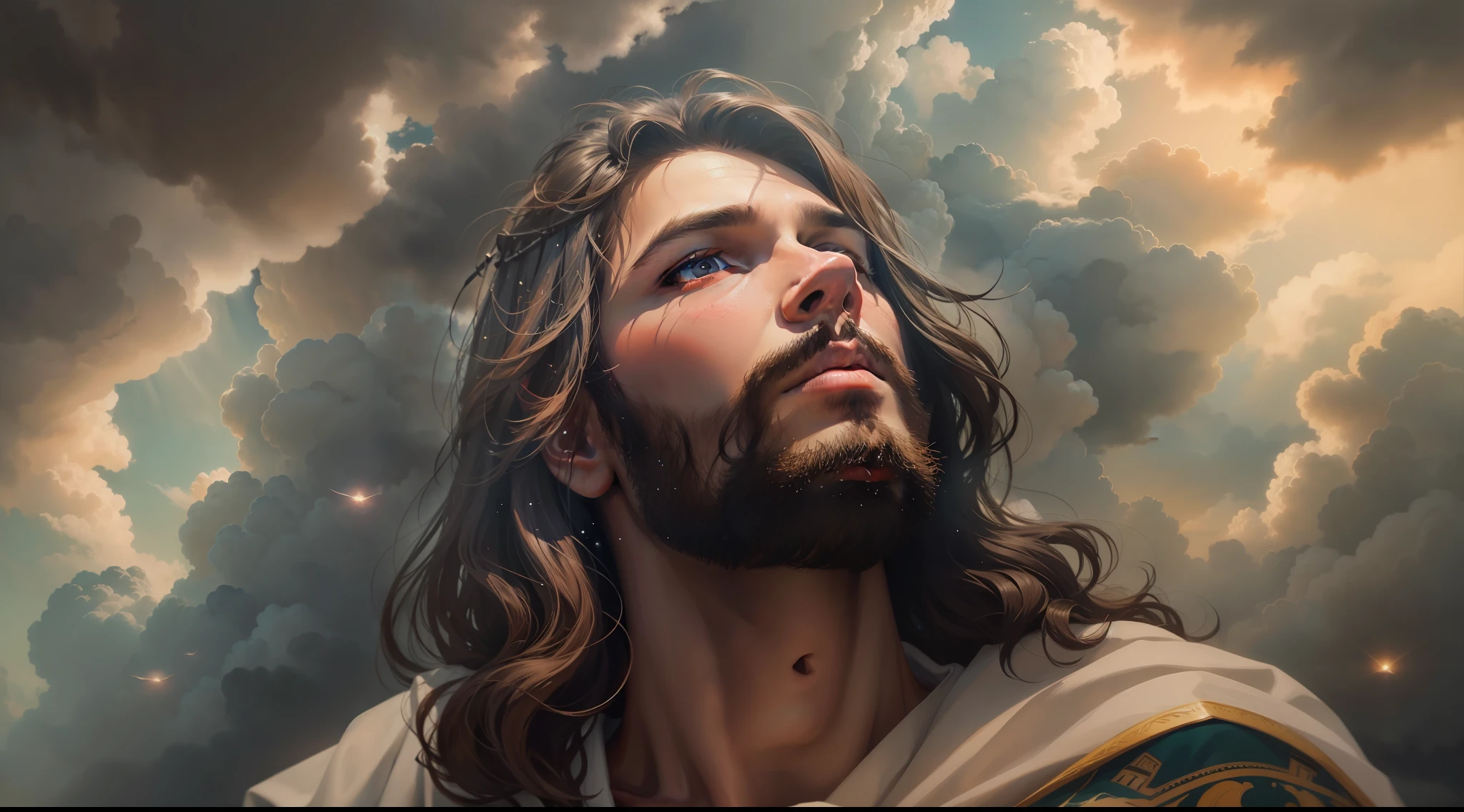 "[a realistic painting of Jesus close up amid the clouds of a cinematic sky]"