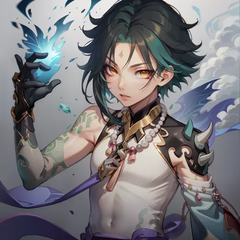 masterpiece, best quality,1boy, male focus, solo, xiao (genshin impact), gloves, tattoo, arm tattoo, necklace, cloud, jewelry, m...