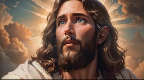 "[a realistic painting of jesus up close amid the clouds of a cinematic sky]"