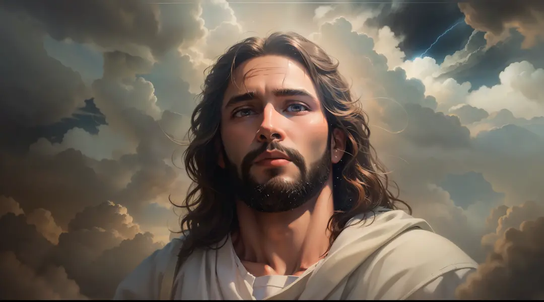 "[a realistic painting of Jesus up close amid the clouds of a cinematic sky]"