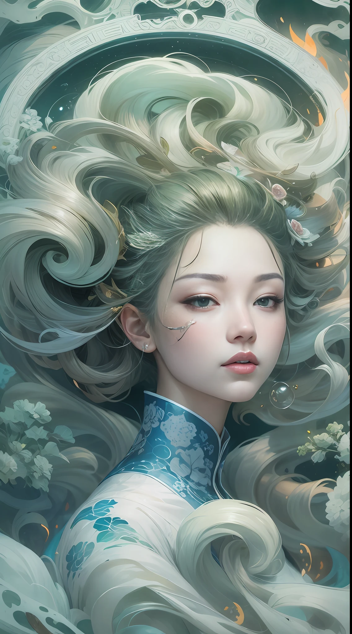 surrealism, conceptual art, classicism, back lit lighting, full bloom, Optical illusion, Wide-angle, Eye level shots, projected inset, hyper HD, Masterpiece, Textured skin, Super detail, High quality, Award-Awarded，Blue and white porcelain beauty，Green Swirl Soul, ornate and flowing, author：Tan Yang Kano,Ellen Jewett, Beeple e James Jean, author：Wen Boren, james jean and wlop, Chinese art, author：Ren Renfa, yanjun cheng, Thomas Villatte is intricate