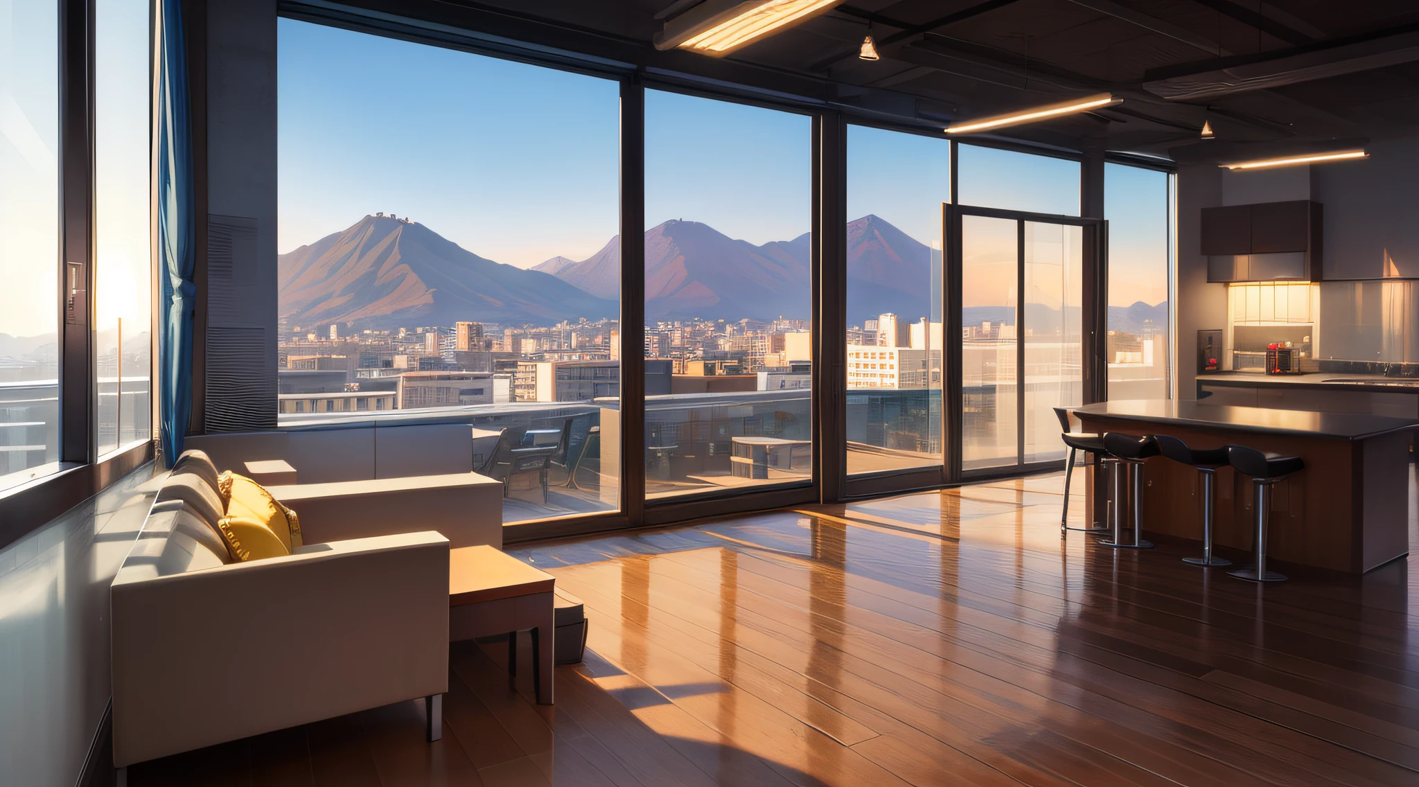 photorealistic, sophisticated, warm design, contemporary, professional, virtual office, modern design, serene lighting, vibrant colors, high resolution, Caracas city landscape