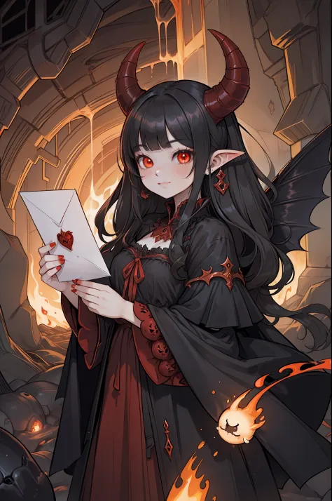 hellish ((messenger)), a charming girl with (long demonic horns), gently (handing a letter) in the depths of hell,( fire and lav...