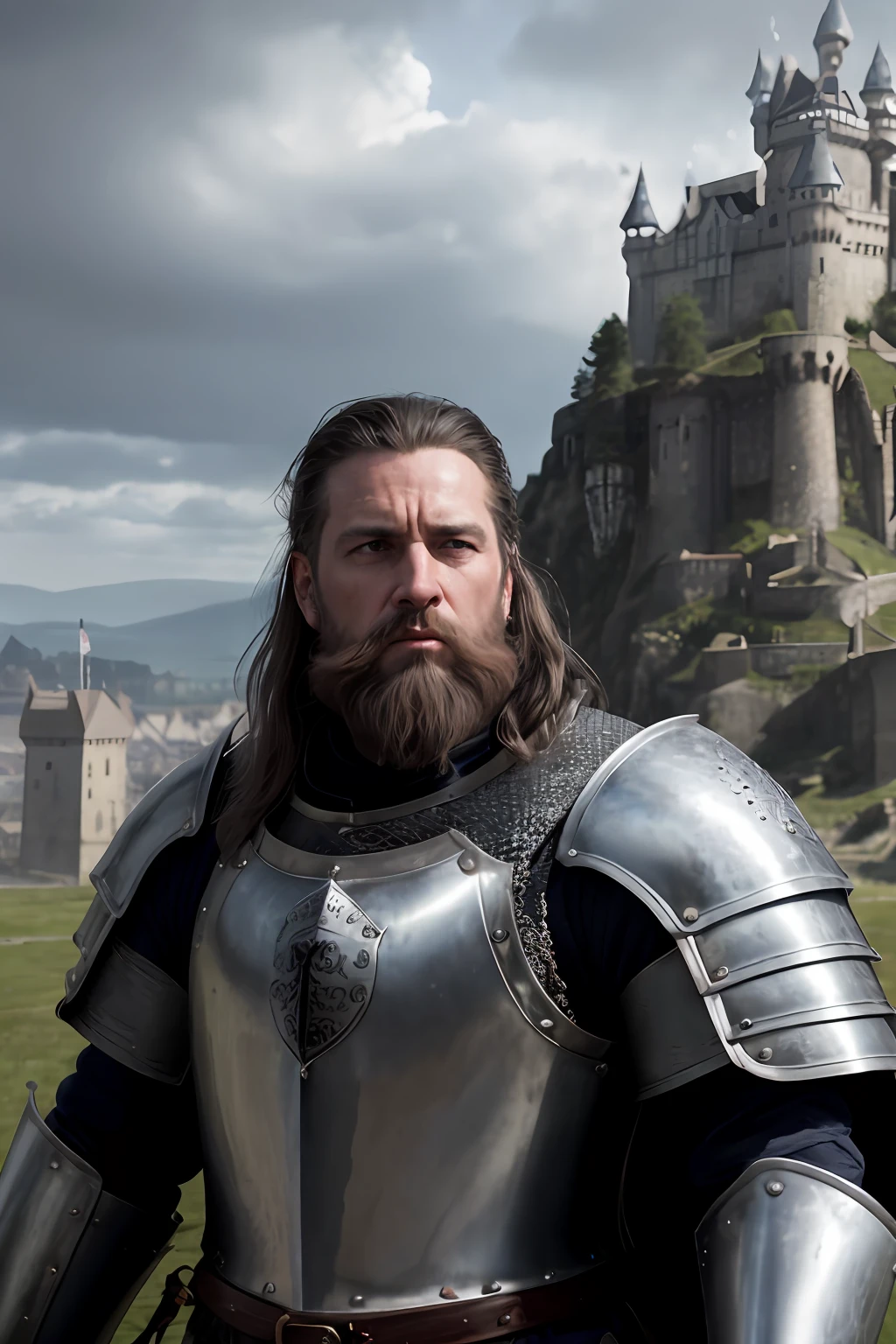 Photorealistic, Top Quality, Masterpiece, cinematic  composition, Slow motion, (medium shot of a medieval knight, sombre and weathered face, beard, gray hairs:1.2), chain mail and plate armour, (realistic and detailed|intricate armour:1.1), (visible face:1.3), (photorealistic physiognomy|eyes|iris|Skin|musculature, detailed skin, skin texture, natural skin), (holding his sword in his hand:1. 2), frontal perspective, imposing and determined pose, looking forward with determination, Skin imperfections, natural skin wrinkles, natural skin spots, highly detailed clothes, Abundant detail, intricate details, realistic wrinkles in clothing, medieval fantasy landscape, cloudy sky, castle in the background in the distance, radiant lighting, deep-shadows, dramatic scene, dark and cool colour palette, blue and grey tones, No other characters in the scene, Abundant detail|Intricate, Detailed landscape, voluminous lighting, (detailed lighting), (detailed light reflections on armour:1. 1), 8K, Highly detailed, UHD, HDR, photorealistic facial expression|hairstyle