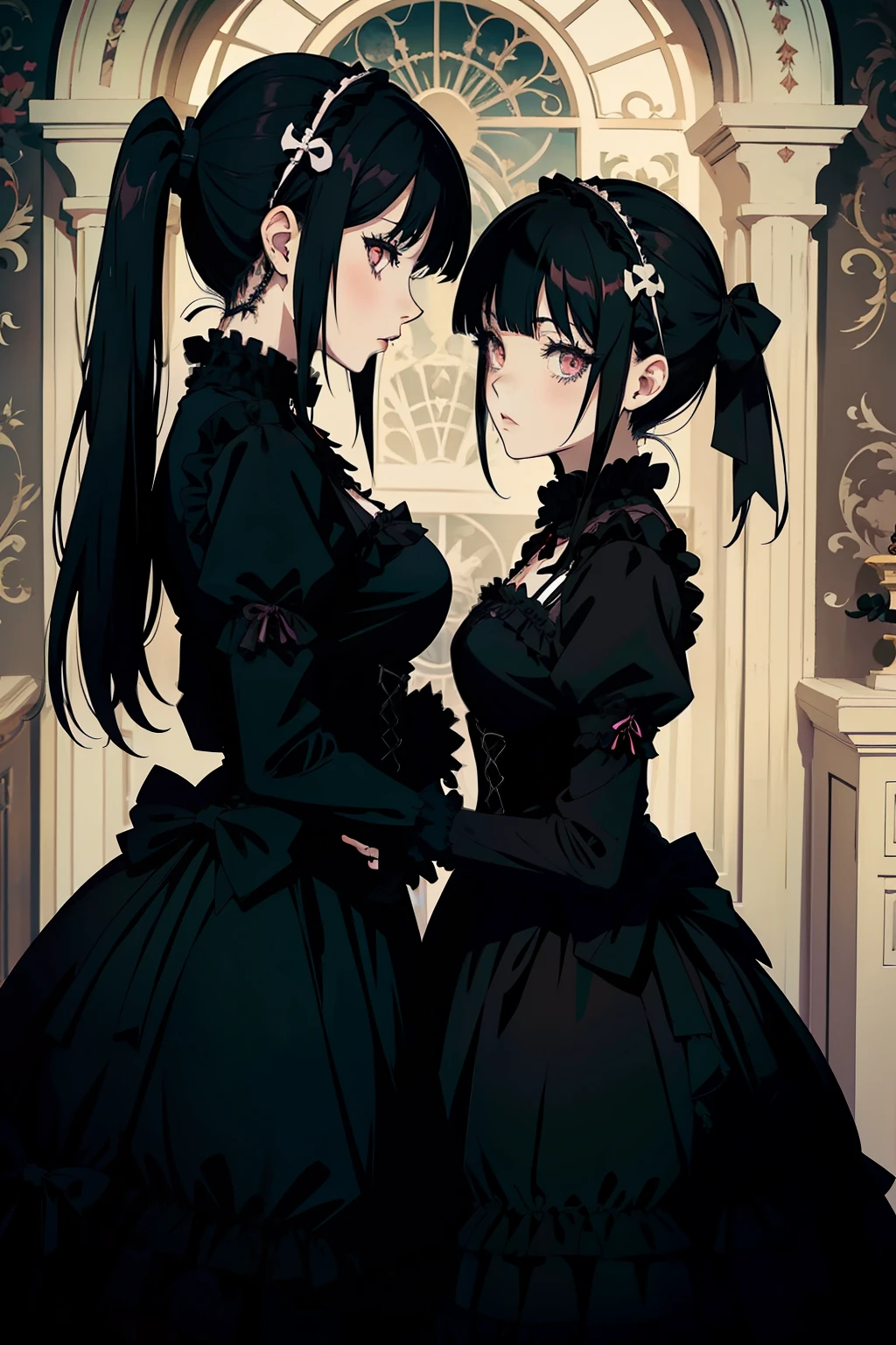 anime, goth girl, emo girl, long hair, lolita hair, gothic dress, black dress, victorian dress, white eyes, gothic art style, in a mansion, two maids behind,