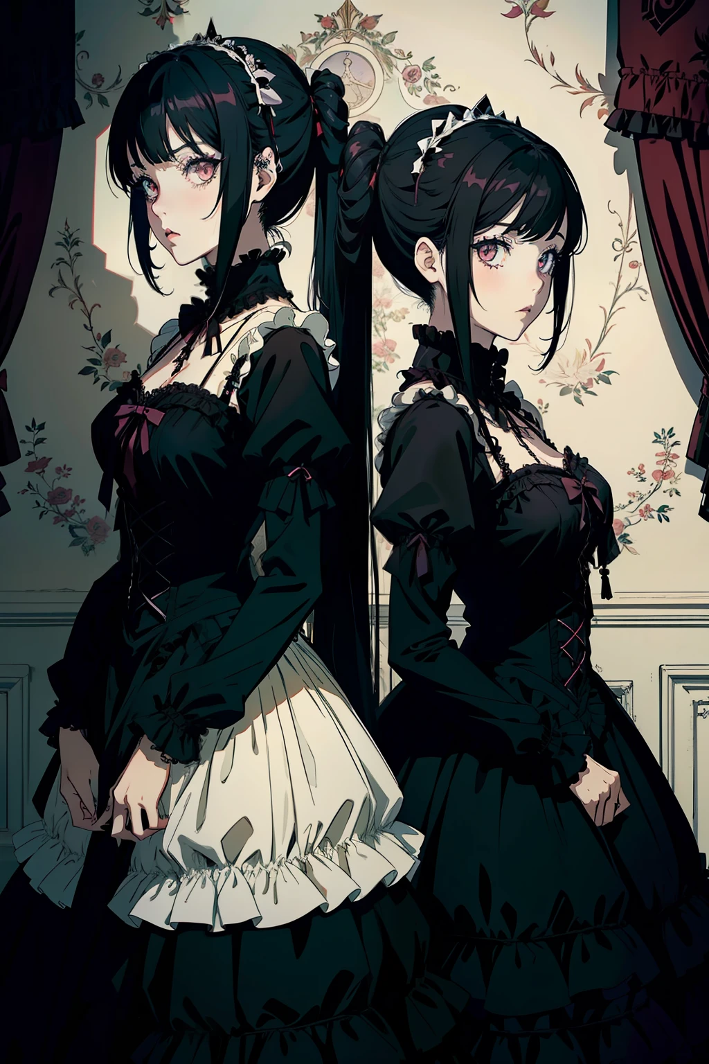 anime, goth girl, emo girl, long hair, lolita hair, gothic dress, black dress, victorian dress, white eyes, gothic art style, in a mansion, two maids behind,