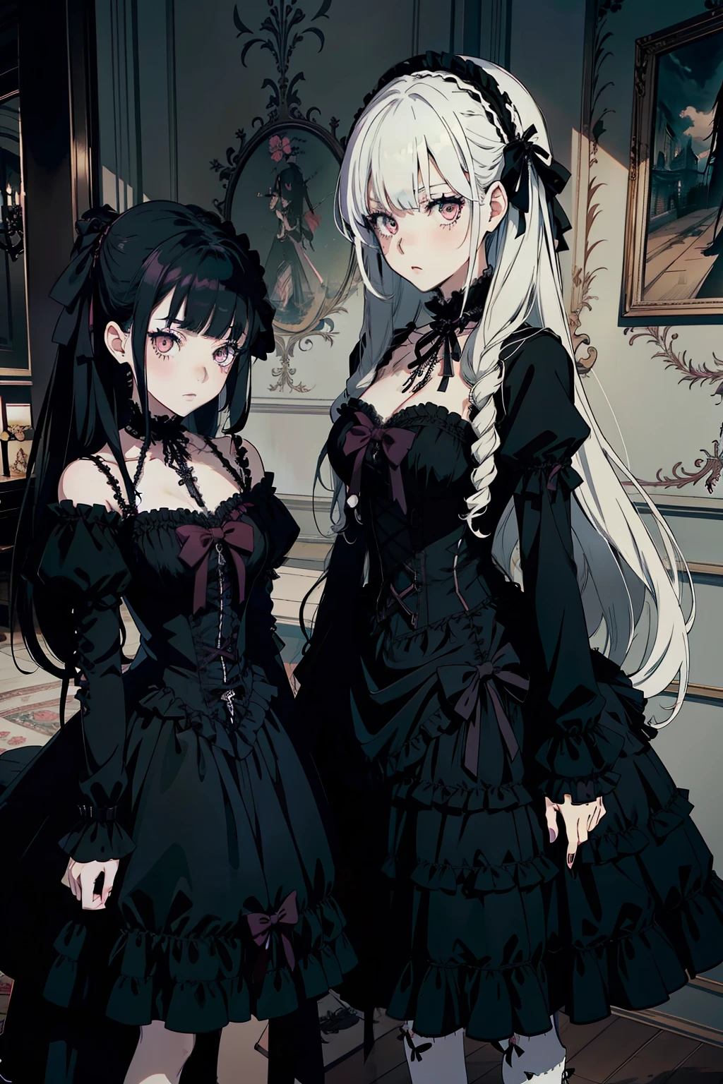 anime, goth girl, emo girl, long hair, lolita hair, gothic dress, black dress, victorian dress, white eyes, gothic art style, in a mansion, two maids behind,