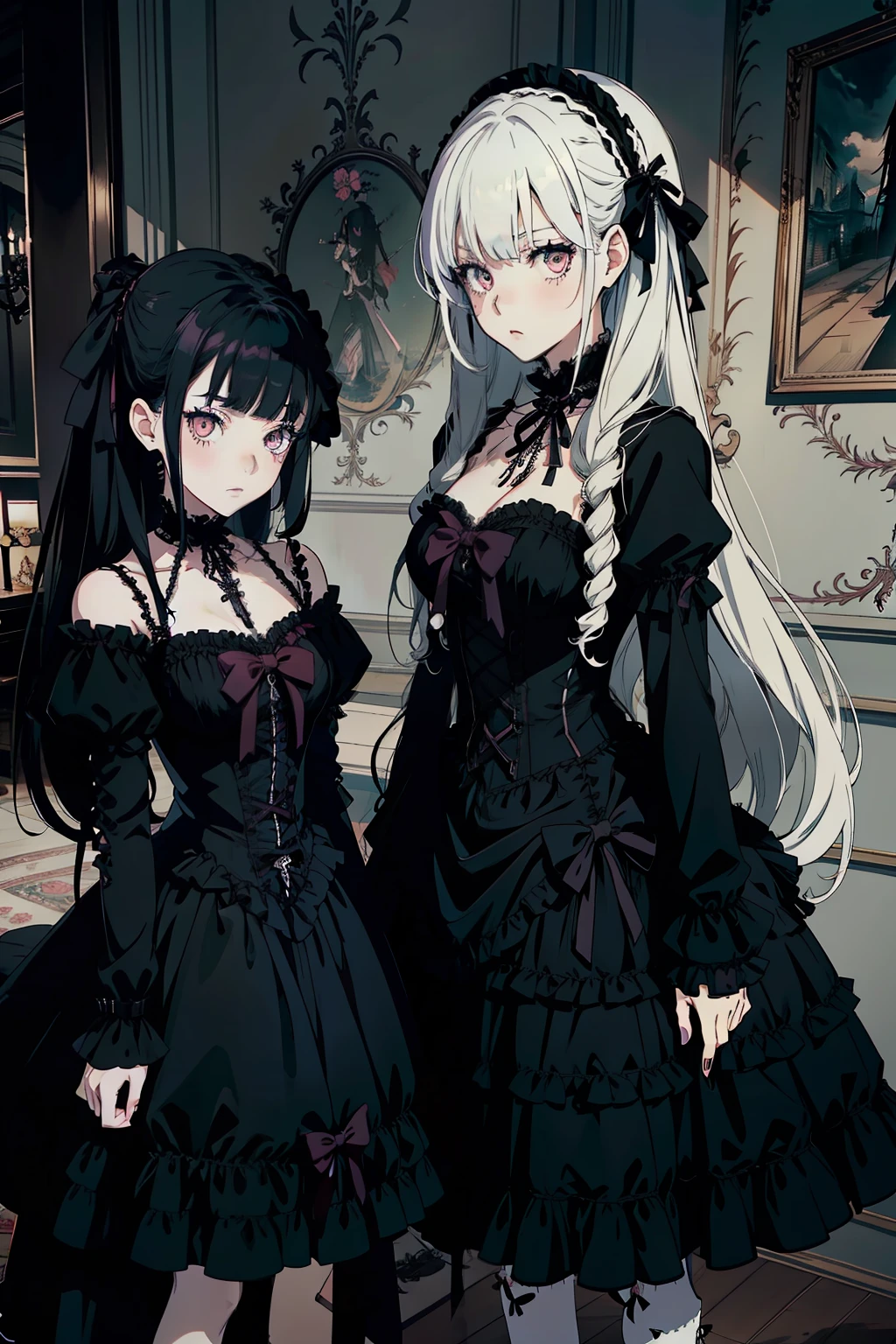 animé, fille gothique, fille emo, cheveux longs, cheveux lolita, robe gothique, Robe noire, robe victorienne, yeux blancs, style artistique gothique, dans un manoir, Deux servantes derrière,