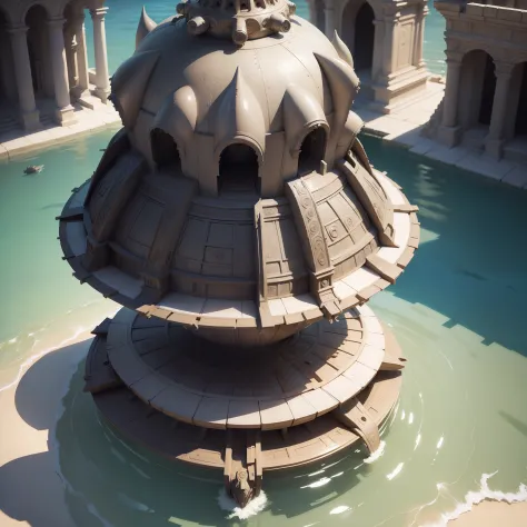 (masterpiece, best quality, realistic, detailed, sharp:1.2), intricate details, a alien space craft, space ship, going into the water in Peruvian ruins, highly detailed beautiful, masterpiece, best quality
