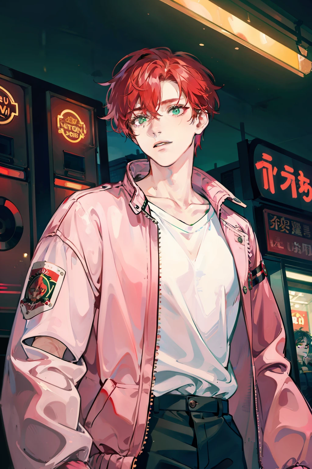 Um jovem com cabelos vermelhos de sangue bagunçados e olhos verdes vestindo uma jaqueta bomber rosa e branca em um fliperama cheio de luzes neon de Tóquio à noite