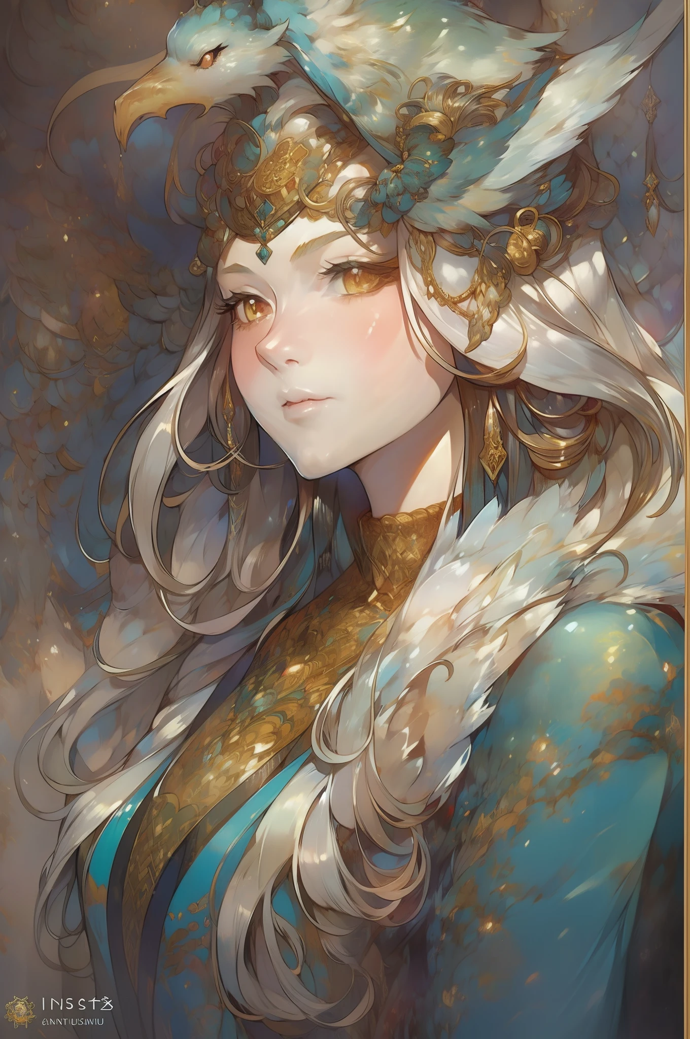 a painting of a woman with a bird on her head, detailed digital anime art, anime fantasy illustration, detailed matte fantasy portrait, goddess close-up portrait, goddess portrait, detailed portrait of anime girl, anime fantasy artwork, goddess. extremely high detail, beautiful anime catgirl, fantasy portrait, ((a beautiful fantasy empress)), korean art nouveau anime, detailed anime art