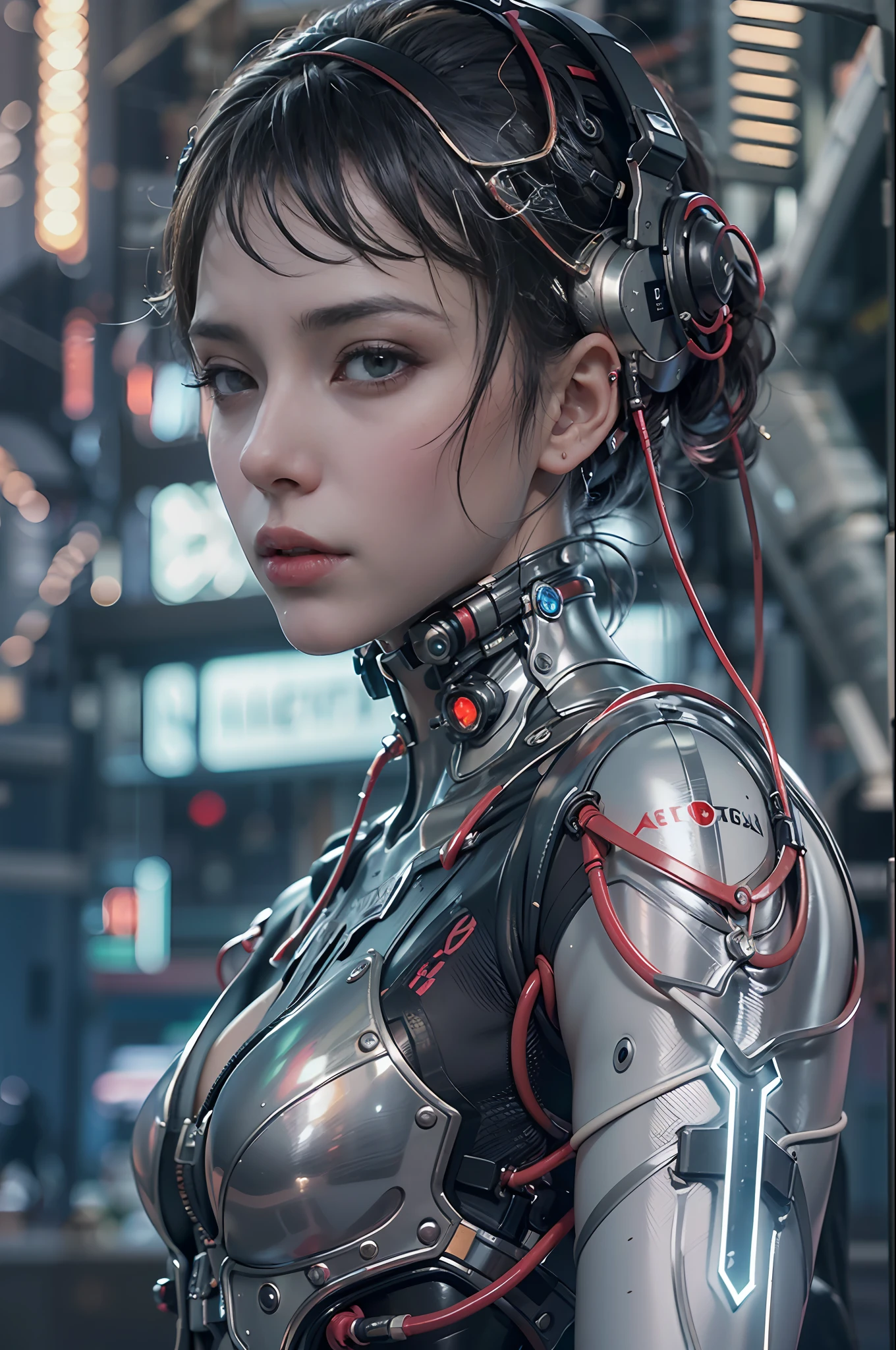 Top Qualität, Meisterwerk, Ultrahohe Auflösung, ((fotorealistisch: 1.4), RAW-Foto, 1 cyberpunk android Girl, Glänzende Haut, (ultrarealistische Details)), mechanische Gliedmaßen, Schläuche, die mit den mechanischen Teilen verbunden sind, Mechanische Wirbel, die an der Wirbelsäule befestigt sind, mechanische zervikale Befestigung am Hals, Drähte und Kabel, die mit dem Kopf verbunden sind, Evangelion, ((Geist in der Muschel)), kleine leuchtende LED-Lampen, globale Beleuchtung, tiefe Schatten, Oktan-Rendering, 8K, ultrascharf, Metall, Aufwendige Ornamentdetails, barocke Details, sehr komplizierte Details, Realistisches Licht, CGSoation trend, Mit Blick in die Kamera, Neon-Details, (Android Manufaktur im Hintergrund), Kunst von H.R. Giger and Alphonse Mucha.