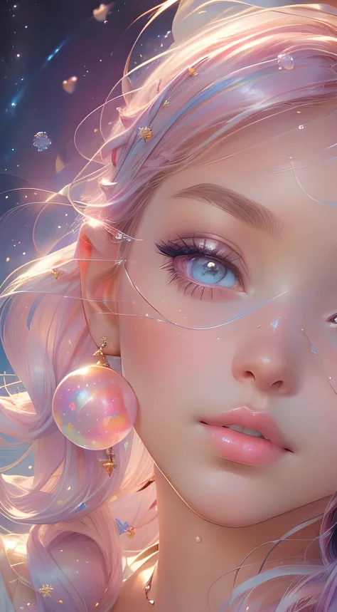 ((masterpiece)). This artwork is sweet, pink, dreamy and ethereal, with ((soft pink watercolor hues and candy accents)). Generate a proud magical woman exploring a (((bubblegum world)) with a wide variety of (pastel shades). The woman's sweet face is ((((h...