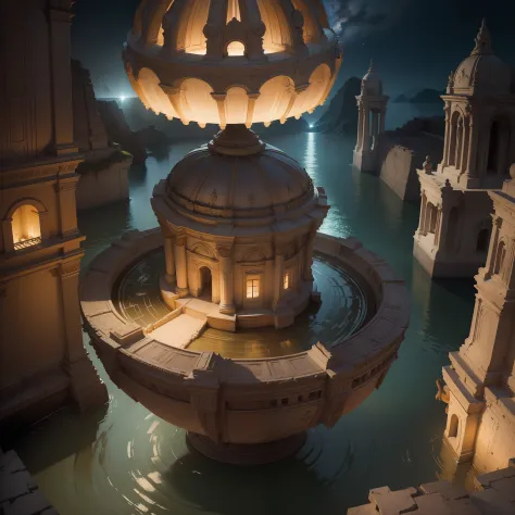 (masterpiece, best quality, realistic, detailed, sharp:1.2), intricate details, an alien space craft going into the water at night in Peruvian ruins, highly detailed beautiful, masterpiece, best quality