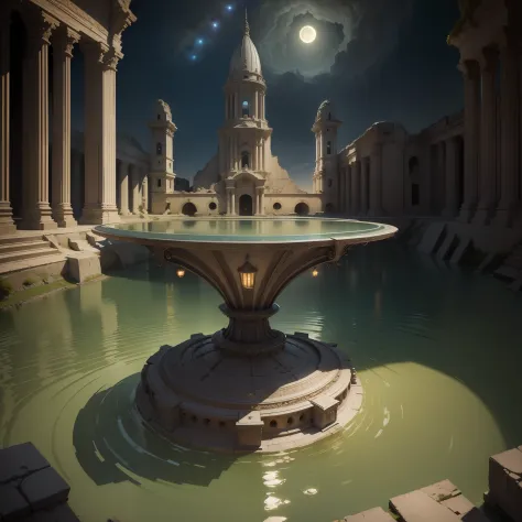 (masterpiece, best quality, realistic, detailed, sharp:1.2), intricate details, an alien space craft going into the water at night in Peruvian ruins, highly detailed beautiful, masterpiece, best quality