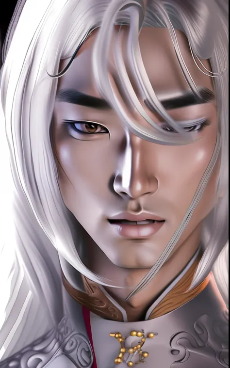 1 man, 3d, asian, silver long long flowing _hair, blurry, brown_background, forehead, jewelry, lips, looking_at_viewer, nose, so...