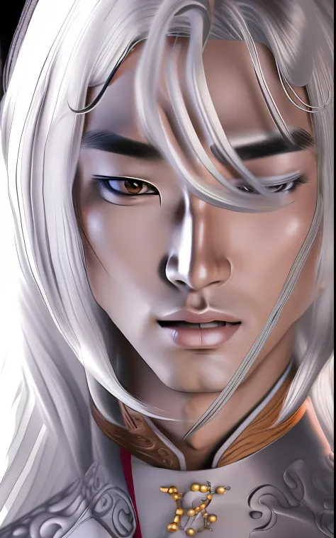 1 man, 3d, asian, silver long long flowing _hair, blurry, brown_background, forehead, jewelry, lips, looking_at_viewer, nose, so...