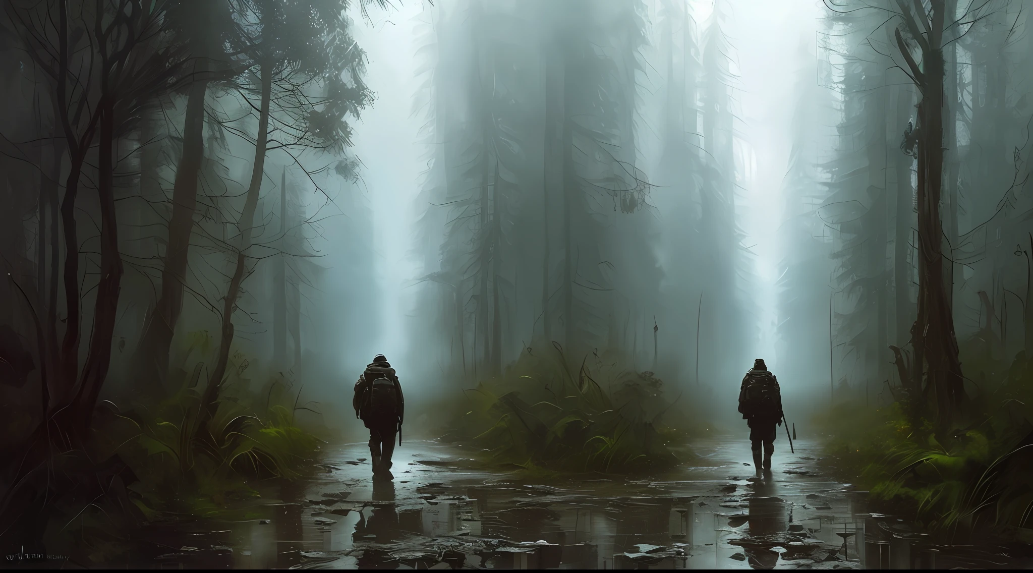 (masterpiece) high detailed RAW, a post apocalyptic man with a backpack is walking through a dark alley way in a forest with tall buildings and trees , hassanfantasy style , by Jeremy Mann and Donato Giancola ultra realistic highly detailed intricate photorealistic