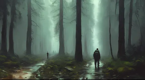 (masterpiece) high detailed raw, a post apocalyptic man with a backpack is walking through a dark alley way in a forest with tal...