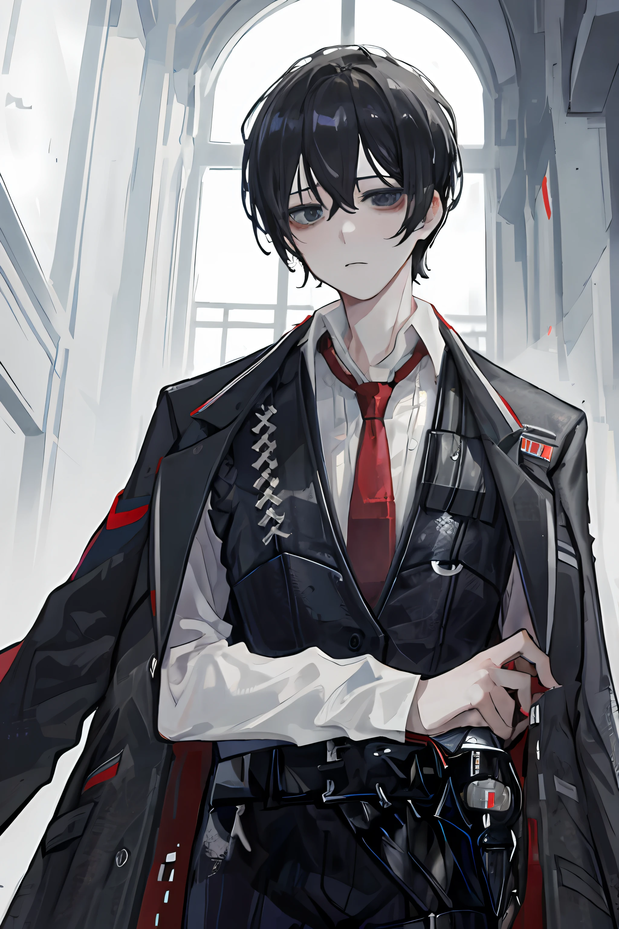 (masterpiece, best quality), yisang_limbus, default_outfit, 1boy, solo, red necktie, black jacket, black vest, jacket on shoulders, white shirt, collared shirt, black pants, looking at viewer, city, night, from below